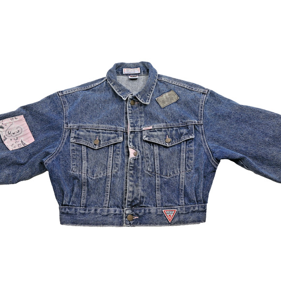 Vintage Guess Georges Marciano 80s Patchwork Stone Washed Denim Jean Jacket Sz S - Picture 14 of 16
